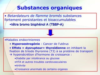 Substances organiques
• Retardateurs de flamme bromés substances
fortement persistantes et bioaccumulables
•tétra bromo bisphénol A (TBBP-A)tétra bromo bisphénol A (TBBP-A)
•Maladies endocriniennes
• Hyperoestrogénie : Cancer de l’utérus
• Effets « dysrupteur» thyroïdienne en inhibant la
fixation de triiodo thyronine (T3) à sa protéine de transport
 hypersécrétion d’hormone de croissance :
•Diabète par intolérance au glucose
•HTA et autres troubles cardiovasculaires
•Arthrite
•Croissance anormale de certains organes
 