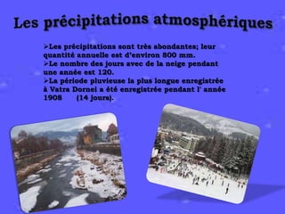 Les précipitations sont très abondantes; leur
quantité annuelle est d’environ 800 mm.
Le nombre des jours avec de la neige pendant
une année est 120.
La période pluvieuse la plus longue enregistrée
à Vatra Dornei a été enregistrée pendant l' année
1908
(14 jours).

 