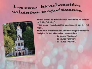 Leur niveau de minéralisation varie entre les valeurs
de 0,87 g/l-2,15 g/l.
Les eaux bicarbonatées contiennent du fer (50
mg/l).
Les eaux bicarbonatées calcinées-magnésiennes de
la région de Vatra Dornei se trouvent dans :
- La source “Santinela”;
- La source “Unirea”;
- La source “Petreni”.

 