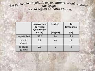 La profondeur
du niveau
hydrostatique
NH-(m)

Le débit

La
température

(m³/jour)

(°C)

Le puits d’est

3,22

80

7,5

Le puits
d’ouest

3,1

40

8

La source
“11 iunie”

2,5

2

8

 