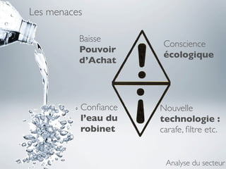 Les menaces

          Baisse
                      Conscience
          Pouvoir
                      écologique
          d’Achat




          Conﬁance   Nouvelle
          l’eau du   technologie :
          robinet    carafe, ﬁltre etc.


                      Analyse du secteur
 