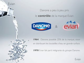 Evian
               Danone a peu à peu pris
          le contrôle de la marque Evian


                                 &


        1964 Danone possède 25% de la marque, essor
        en distribuant les bouteilles d’eau en grande surface.


        1970 Evian fait parti intégrante du groupe Danone.


                                                       Evian
 