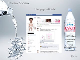 Réseaux Sociaux
                  Une page ofﬁcielle




                                       144 974 fans
                                        45 albums
                                         photos
                                          News
                                       quotidiennes




                                              Evian
 