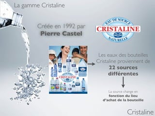 La gamme Cristaline


        Créée en 1992 par
         Pierre Castel


                             Les eaux des bouteilles
                            Cristaline proviennent de
                                  22 sources
                                  différentes


                                  La source change en
                                  fonction du lieu
                               d’achat de la bouteille


                                            Cristaline
 