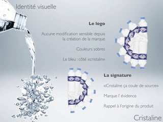 Identité visuelle

                                    Le logo

          Aucune modiﬁcation sensible depuis
                   la création de la marque

                             Couleurs sobres

                     Le bleu : côté «cristalin»


                                              La signature

                                              «Cristaline ça coule de source»

                                              Marque l’ évidence

                                              Rappel à l’origine du produit

                                                               Cristaline
 