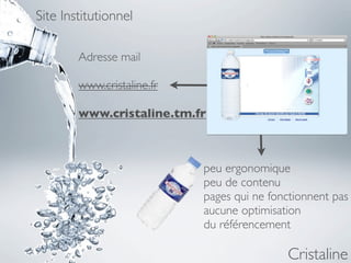 Site Institutionnel

        Adresse mail

        www.cristaline.fr

        www.cristaline.tm.fr



                            peu ergonomique
                            peu de contenu
                            pages qui ne fonctionnent pas
                            aucune optimisation
                            du référencement

                                            Cristaline
 