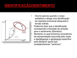 • Ocorre apenas quando o corpo
estabiliza e atinge uma identificação
da resposta emocional adequada à
tensão sofrida.
• Podemos dizer que a identificação
corresponde à transição da emoção
para o sentimento (Damásio).
• Momento no qual tomamos consciência
da representação assumida pelo corpo
e identificamos o sentimento específico
para designar aquilo que
verdadeiramente “sentimos”.
 