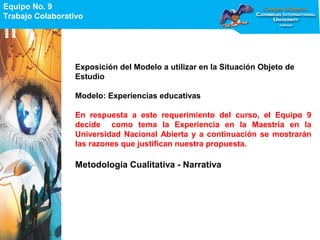 Equipo No. 9
Trabajo Colaborativo
Equipo No. 9
Trabajo Colaborativo
Exposición del Modelo a utilizar en la Situación Objeto de
Estudio
Modelo: Experiencias educativas
En respuesta a este requerimiento del curso, el Equipo 9
decide como tema la Experiencia en la Maestría en la
Universidad Nacional Abierta y a continuación se mostrarán
las razones que justifican nuestra propuesta.
Metodología Cualitativa - Narrativa
 