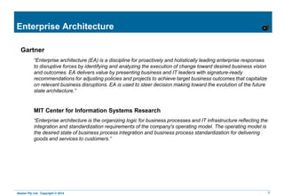 Nestan Pty Ltd. Copyright © 2014 3
Enterprise Architecture
Gartner
“Enterprise architecture (EA) is a discipline for proactively and holistically leading enterprise responses
to disruptive forces by identifying and analyzing the execution of change toward desired business
vision and outcomes. EA delivers value by presenting business and IT leaders with signature-ready
recommendations for adjusting policies and projects to achieve target business outcomes that
capitalize on relevant business disruptions. EA is used to steer decision making toward the evolution of
the future state architecture.”
MIT Center for Information Systems Research
“Enterprise architecture is the organizing logic for business processes and IT infrastructure reflecting
the integration and standardization requirements of the company's operating model. The operating
model is the desired state of business process integration and business process standardization for
delivering goods and services to customers.”
 