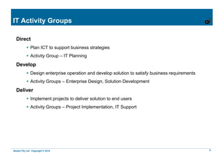Nestan Pty Ltd. Copyright © 2014 6
IT Activity Groups
Direct
 Plan ICT to support business strategies
 Activity Group – IT Planning
Develop
 Design enterprise operation and develop solution to satisfy business requirements
 Activity Groups – Enterprise Design, Solution Development
Deliver
 Implement projects to deliver solution to end users
 Activity Groups – Project Implementation, IT Support
 
