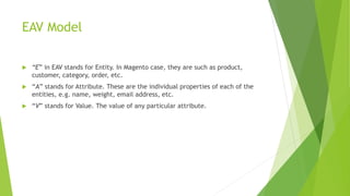 EAV Model
 “E” in EAV stands for Entity. In Magento case, they are such as product,
customer, category, order, etc.
 “A” stands for Attribute. These are the individual properties of each of the
entities, e.g. name, weight, email address, etc.
 “V” stands for Value. The value of any particular attribute.
 
