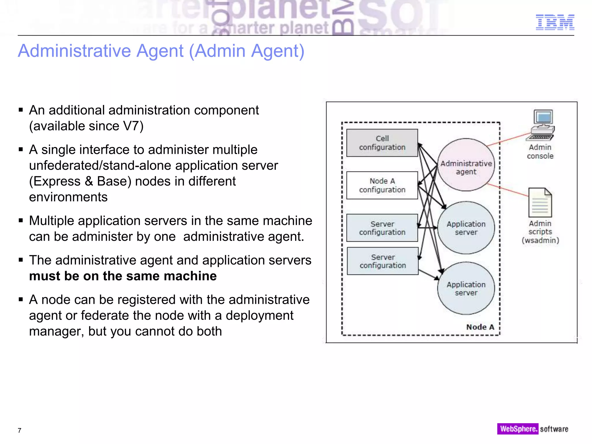 © 2010 IBM Corporation
Administrative Agent (Admin Agent)
 An additional administration component
(available since V7)
 A single interface to administer multiple
unfederated/stand-alone application server
(Express & Base) nodes in different
environments
 Multiple application servers in the same machine
can be administer by one administrative agent.
 The administrative agent and application servers
must be on the same machine
 A node can be registered with the administrative
agent or federate the node with a deployment
manager, but you cannot do both
7
 