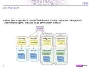© 2010 IBM Corporation
Job Manager
 Allows the management of multiple WAS domains (multiple deployment managers and
administrative agents) through a single administration interface.
27
 