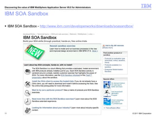 © 2011 IBM Corporation
Discovering the value of IBM WebSphere Application Server V8.0 for Administrators
IBM SOA Sandbox
 IBM SOA Sandbox - http://www.ibm.com/developerworks/downloads/soasandbox/
11
 