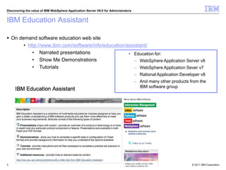 © 2011 IBM Corporation
Discovering the value of IBM WebSphere Application Server V8.0 for Administrators
IBM Education Assistant
 On demand software education web site
• http://www.ibm.com/software/info/education/assistant/
• Narrated presentations
• Show Me Demonstrations
• Tutorials
3
 Education for:
– WebSphere Application Server v8
– WebSphere Application Sever v7
– Rational Application Developer v8
– And many other products from the
IBM software group
 
