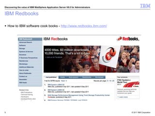 © 2011 IBM Corporation
Discovering the value of IBM WebSphere Application Server V8.0 for Administrators
IBM Redbooks
 How to IBM software cook books - http://www.redbooks.ibm.com/
9
 