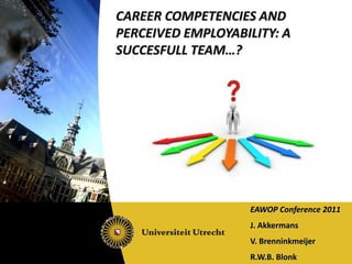 CAREER COMPETENCIES AND
PERCEIVED EMPLOYABILITY: A
SUCCESFULL TEAM…?
EAWOP Conference 2011
J. Akkermans
V. Brenninkmeijer
R.W.B. Blonk
 