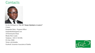 Contacts
For the Full Report on “The 2017 Budget Highlights & Analysis”
Contact:
Kampamba Shula – Programs Officer
kampambashula@gmail.com
26 Parairenyatwa Road,
Rhodes Park, Lusaka
Telephone: +260 211 842 088;
P.O. Box 38006
Twitter: @EAZambia
Facebook: Economics Association of Zambia
 