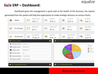 EaZe ERP – Dashboard:
Dashboard gives the management a quick look at the health of the business, the reports
generated from the system will help the organization to make strategic decision on various fronts.
Beyond Business
 