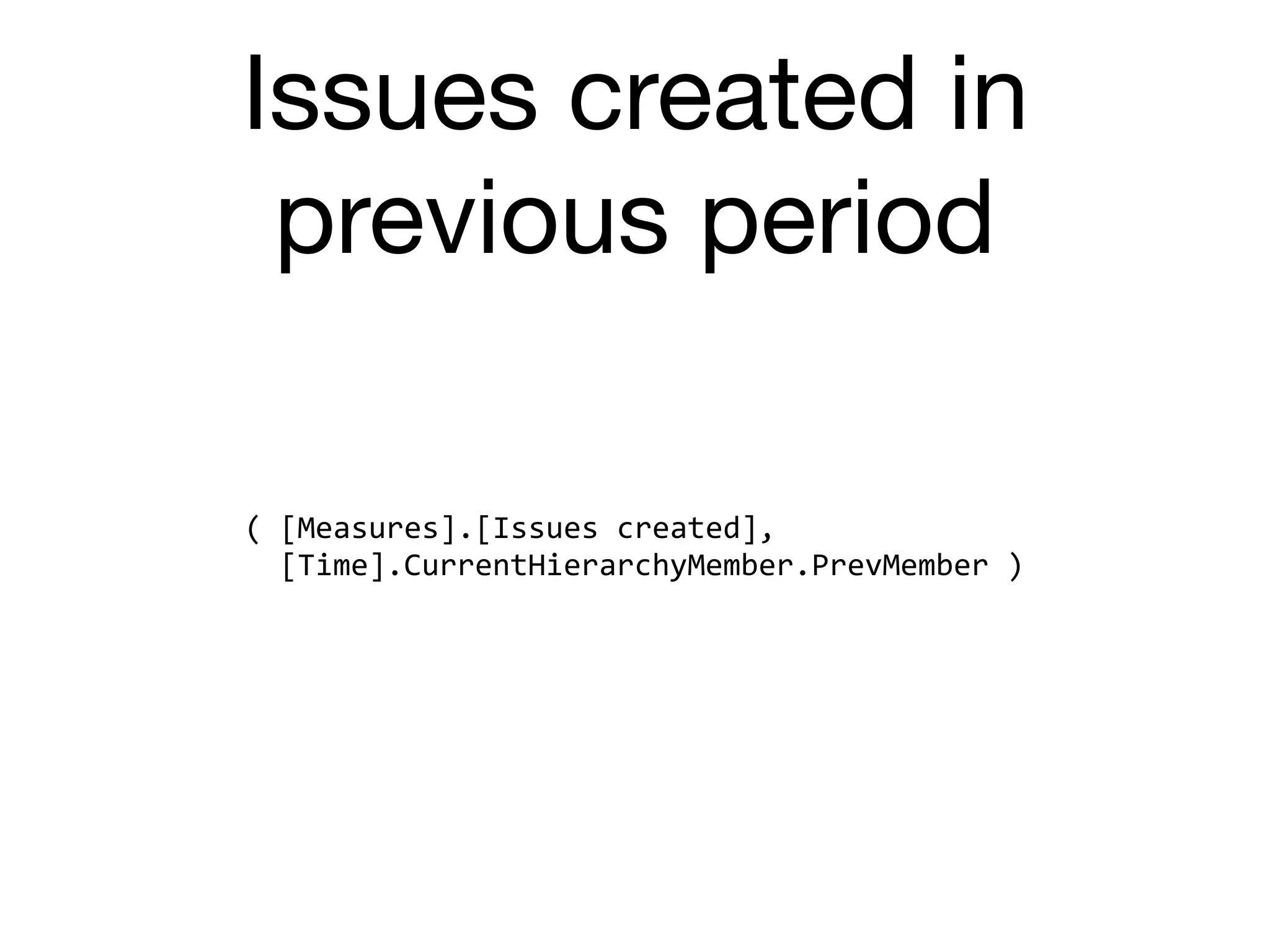Issues created in
previous period
(	[Measures].[Issues	created],	
		[Time].CurrentHierarchyMember.PrevMember	)
 