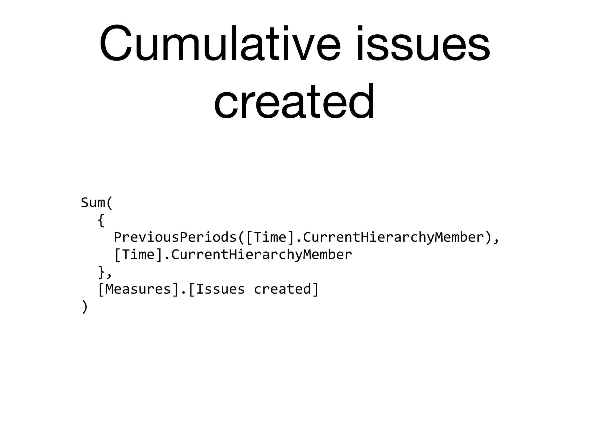 Cumulative issues
created
Sum(	
		{	
				PreviousPeriods([Time].CurrentHierarchyMember),	
				[Time].CurrentHierarchyMember	
		},	
		[Measures].[Issues	created]	
)
 
