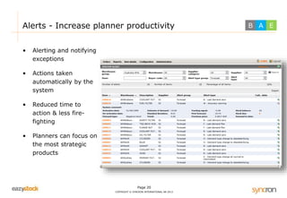 Alerts - Increase planner productivity 
Page 20 
COPYRIGHT © SYNCRON INTERNATIONAL AB 2013 
• Alerting and notifying 
exceptions 
• Actions taken 
automatically by the 
system 
• Reduced time to 
action & less fire-fighting 
• Planners can focus on 
the most strategic 
products 
B A E 
 