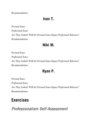 Recommendations
Ivan T.
Personal Issues
Professional Issues
Are They Linked? Will the Personal Issues Impact Professional Behavior?
Recommendations
Niki M.
Personal Issues
Professional Issues
Are They Linked? Will the Personal Issues Impact Professional Behavior?
Recommendations
Ryan P.
Personal Issues
Professional Issues
Are They Linked? Will the Personal Issues Impact Professional Behavior?
Recommendations
Exercises
Professionalism Self-Assessment
 