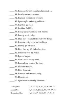 _____ 40. I am comfortable in unfamiliar situations
_____ 41. I easily resist temptations.
_____ 42. I remain calm under pressure.
_____ 43. I get caught up in my problems.
_____ 44. I seldom get mad.
_____ 45. I seldom feel blue.
_____ 46. I only feel comfortable with friends.
_____ 47. I rarely overindulge.
_____ 48. I feel that I’m unable to deal with things.
_____ 49. I am not easily bothered by things.
_____ 50. I rarely get irritated.
_____ 51. I feel that my life lacks direction.
_____ 52. I stumble over my words.
_____ 53. I go on binges.
_____ 54. I can’t make up my mind.
_____ 55. I am relaxed most of the time.
_____ 56. I lose my temper.
_____ 57. I feel desperate.
_____ 58. I am not embarrassed easily.
_____ 59. I love to eat.
_____ 60. I get overwhelmed by emotions.
Anxiety (Ax): 1, 7*, 13* 19, 25, 31*, 37, 43, 49*, 55*
Anger (Ar): 2*, 8, 14, 20, 26*, 32, 38*, 44*, 50*, 56
Depression (De): 3*, 9, 15, 21*, 27, 33, 39, 45*, 51, 57
 