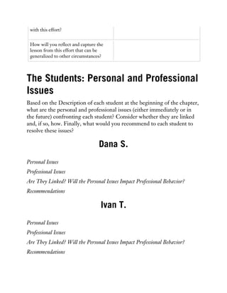 with this effort?
How will you reflect and capture the
lesson from this effort that can be
generalized to other circumstances?
The Students: Personal and Professional
Issues
Based on the Description of each student at the beginning of the chapter,
what are the personal and professional issues (either immediately or in
the future) confronting each student? Consider whether they are linked
and, if so, how. Finally, what would you recommend to each student to
resolve these issues?
Dana S.
Personal Issues
Professional Issues
Are They Linked? Will the Personal Issues Impact Professional Behavior?
Recommendations
Ivan T.
Personal Issues
Professional Issues
Are They Linked? Will the Personal Issues Impact Professional Behavior?
Recommendations
 