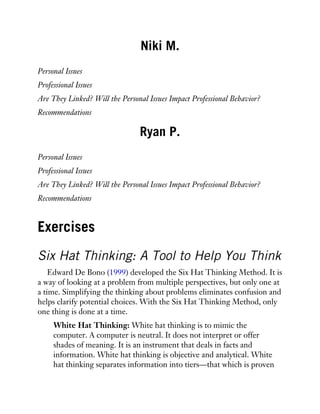 Niki M.
Personal Issues
Professional Issues
Are They Linked? Will the Personal Issues Impact Professional Behavior?
Recommendations
Ryan P.
Personal Issues
Professional Issues
Are They Linked? Will the Personal Issues Impact Professional Behavior?
Recommendations
Exercises
Six Hat Thinking: A Tool to Help You Think
Edward De Bono (1999) developed the Six Hat Thinking Method. It is
a way of looking at a problem from multiple perspectives, but only one at
a time. Simplifying the thinking about problems eliminates confusion and
helps clarify potential choices. With the Six Hat Thinking Method, only
one thing is done at a time.
White Hat Thinking: White hat thinking is to mimic the
computer. A computer is neutral. It does not interpret or offer
shades of meaning. It is an instrument that deals in facts and
information. White hat thinking is objective and analytical. White
hat thinking separates information into tiers—that which is proven
 