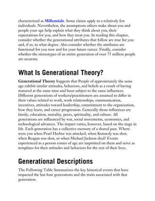 characterized as Millennials. Some claims apply to a relatively few
individuals. Nevertheless, the assumptions others make about you and
people your age help explain what they think about you, their
expectations for you, and how they treat you. In reading this chapter,
consider whether the generational attributes that follow are true for you
and, if so, to what degree. Also consider whether the attributes are
functional for you now and for your future career. Finally, consider
whether the stereotypes of an entire generation of over 75 million people
are accurate.
What Is Generational Theory?
Generational Theory Suggests that People of approximately the same
age exhibit similar attitudes, behaviors, and beliefs as a result of having
matured at the same time and been subject to the same influences.
Different generations of workers/practitioners are assumed to differ in
their values related to work, work relationships, communication,
incentives, attitudes toward leadership, commitment to the organization,
how they learn, and career progression. Generally those influences are
family, education, morality, peers, spirituality, and culture. All
generations are influenced by war, social movements, economics, and
technological advances. The impact varies, however, based on the stage in
life. Each generation has a collective memory of a shared past. Where
were you when Pearl Harbor was attacked, when Kennedy was shot,
when Reagan was shot, or when Michael Jackson died? Events
experienced as a person comes of age are imprinted on them and serve as
templates for their attitudes and behaviors for the rest of their lives.
Generational Descriptions
The Following Table Summarizes the key historical events that have
impacted the last four generations and the traits associated with that
generation.
 