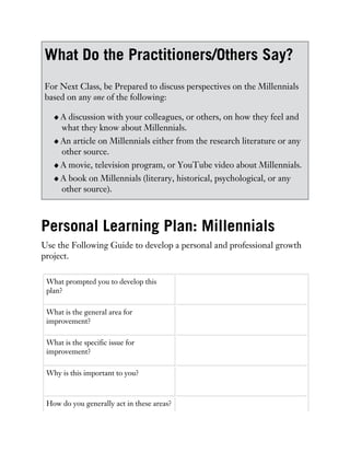 What Do the Practitioners/Others Say?
For Next Class, be Prepared to discuss perspectives on the Millennials
based on any one of the following:
A discussion with your colleagues, or others, on how they feel and
what they know about Millennials.
An article on Millennials either from the research literature or any
other source.
A movie, television program, or YouTube video about Millennials.
A book on Millennials (literary, historical, psychological, or any
other source).
Personal Learning Plan: Millennials
Use the Following Guide to develop a personal and professional growth
project.
What prompted you to develop this
plan?
What is the general area for
improvement?
What is the specific issue for
improvement?
Why is this important to you?
How do you generally act in these areas?
 