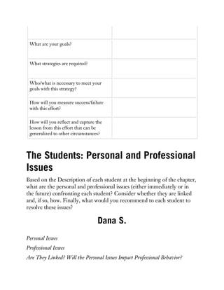 What are your goals?
What strategies are required?
Who/what is necessary to meet your
goals with this strategy?
How will you measure success/failure
with this effort?
How will you reflect and capture the
lesson from this effort that can be
generalized to other circumstances?
The Students: Personal and Professional
Issues
Based on the Description of each student at the beginning of the chapter,
what are the personal and professional issues (either immediately or in
the future) confronting each student? Consider whether they are linked
and, if so, how. Finally, what would you recommend to each student to
resolve these issues?
Dana S.
Personal Issues
Professional Issues
Are They Linked? Will the Personal Issues Impact Professional Behavior?
 