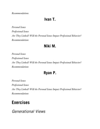 Recommendations
Ivan T.
Personal Issues
Professional Issues
Are They Linked? Will the Personal Issues Impact Professional Behavior?
Recommendations
Niki M.
Personal Issues
Professional Issues
Are They Linked? Will the Personal Issues Impact Professional Behavior?
Recommendations
Ryan P.
Personal Issues
Professional Issues
Are They Linked? Will the Personal Issues Impact Professional Behavior?
Recommendations
Exercises
Generational Views
 