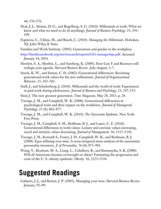 44, 570–576.
Deal, J. J., Altman, D. G., and Rogelberg, S. G. (2010). Millennials at work: What we
know and what we need to do (if anything). Journal of Business Psychology. 25, 191–
199.
Espinoza, C., Ukleja, M., and Rusch, C. (2010). Managing the Millennials. Hoboken,
NJ: John Wiley & Sons.
Families and Work Institute. (2005). Generations and gender in the workplace.
http://familiesandwork.org/site/research/reports/GG-managertips.pdf. Accessed
January 14, 2014.
Hewlett, S. A., Sherbin, L., and Sumberg, K. (2009). How Gen Y and Boomers will
reshape your agenda. Harvard Business Review. July–August, 1–7.
Smola, K. W., and Sutton, C. D. (2002). Generational differences: Revisiting
generational work values for the new millennium. Journal of Organizational
Behavior. 23, 363–382.
Staff, J., and Schulenberg, J. (2010). Millennials and the world of work: Experiences
in paid work during adolescence. Journal of Business and Psychology. 25, 247–255.
Stein J. The new greatest generation. Time Magazine, May 20, 2013, p. 28.
Twenge, J. M., and Campbell, W. K. (2008). Generational differences in
psychological traits and their impact on the workforce. Journal of Managerial
Psychology. 23 (8), 862–877.
Twenge, J. M., and Campbell, W. K. (2010). The Narcissism Epidemic. New York:
Free Press.
Twenge, J. M., Campbell, S. M., Hoffman, B. J., and Lance, C. E. (2010).
Generational differences in work values: Leisure and extrinsic values increasing,
social and intrinsic values decreasing. Journal of Management. 36, 1117–1142.
Twenge, J. M., Konrath S., Foster, J. D., Campbell, W. K., and Bushman, B. J.
(2008). Egos inflating over time: A cross-temporal meta-analysis of the narcissistic
personality inventory. J. of Personality, 76 (4), 875–901.
Wang, Y., Beydoun, M. A., Liang, L., Caballero, B., and Kumanyika, S. K. (2008).
Will all Americans become overweight or obese? Estimating the progression and
costs of the U. S. obesity epidemic. Obesity. 16, 2323–2330.
Suggested Readings
Gabarro, J. J., and Kotter, J. P. (2005). Managing your boss. Harvard Business Review.
January, 92–99.
 