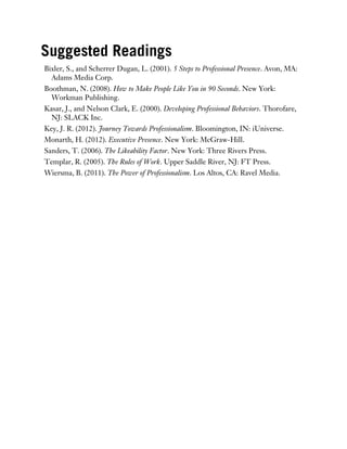 Suggested Readings
Bixler, S., and Scherrer Dugan, L. (2001). 5 Steps to Professional Presence. Avon, MA:
Adams Media Corp.
Boothman, N. (2008). How to Make People Like You in 90 Seconds. New York:
Workman Publishing.
Kasar, J., and Nelson Clark, E. (2000). Developing Professional Behaviors. Thorofare,
NJ: SLACK Inc.
Key, J. R. (2012). Journey Towards Professionalism. Bloomington, IN: iUniverse.
Monarth, H. (2012). Executive Presence. New York: McGraw-Hill.
Sanders, T. (2006). The Likeability Factor. New York: Three Rivers Press.
Templar, R. (2005). The Rules of Work. Upper Saddle River, NJ: FT Press.
Wiersma, B. (2011). The Power of Professionalism. Los Altos, CA: Ravel Media.
 