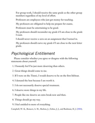 For group work, I should receive the same grade as the other group
members regardless of my level of effort.
Professors are employees who just get money for teaching.
My professors are obligated to help me prepare for exams.
Professors must be entertaining to be good.
My professors should reconsider my grade if I am close to the grade
I want.
I should never receive a zero on an assignment that I turned in.
My professors should curve my grade if I am close to the next letter
grade.
Psychological Entitlement
Please consider whether you agree or disagree with the following
statements about yourself.
1. I honestly feel I’m just more deserving than others.
2. Great things should come to me.
3. If I were on the Titanic, I would deserve to be on the first lifeboat.
4. I demand the best because I am worth it.
5. I do not necessarily deserve special treatment.
6. I deserve more things in my life.
7. People like me deserve an extra break now and then.
8. Things should go my way.
9. I feel entitled to more of everything.
Campbell, W. K., Bonacci, A. M., Shelton, J., Exline, J. J., and Bushman, B. J. (2004).
 