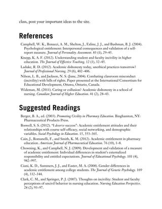 class, post your important ideas to the site.
References
Campbell, W. K., Bonacci, A. M., Shelton, J., Exline, J. J., and Bushman, B. J. (2004).
Psychological entitlement: Interpersonal consequences and validation of a self-
report measure. Journal of Personality Assessment. 83 (1), 29–45.
Knepp, K. A. F. (2012). Understanding student and faculty incivility in higher
education. The Journal of Effective Teaching. 12 (1), 32–45.
Laduke, R. D. (2012). Academic dishonesty today, unethical practices tomorrow?
Journal of Professional Nursing. 29 (6), 402–406.
Nilson, L. B., and Jackson, N. S. (June, 2004). Combating classroom misconduct
(incivility) with bills of rights. Paper presented at the International Consortium for
Educational Development, Ottawa, Ontario, Canada.
Wideman, M. (2011). Caring or collusion? Academic dishonesty in a school of
nursing. Canadian Journal of Higher Education. 41 (2), 28–43.
Suggested Readings
Berger, B. A., ed. (2003). Promoting Civility in Pharmacy Education. Binghamton, NY:
Pharmaceutical Products Press.
Boswell, S. S. (2012). “I deserve success”: Academic entitlement attitudes and their
relationships with course self-efficacy, social networking, and demographic
variables. Social Psychology in Education. 15, 353–365.
Cain, J., Romanelli, F., and Smith, K. M. (2012). Academic entitlement in pharmacy
education. American Journal of Pharmaceutical Education. 76 (10), 1–8.
Chowning, K., and Campbell, N. J. (2009). Development and validation of a measure
of academic entitlement: Individual differences in student’s externalized
responsibility and entitled expectations. Journal of Educational Psychology. 101 (4),
982–997.
Ciani, K. D., Summers, J. J., and Easter, M. A. (2008). Gender differences in
academic entitlement among college students. The Journal of Genetic Psychology. 169
(4), 332–344.
Clark, C. M., and Springer, P. J. (2007). Thoughts on incivility: Student and faculty
perceptions of uncivil behavior in nursing education. Nursing Education Perspective.
28 (2), 93–97.
 