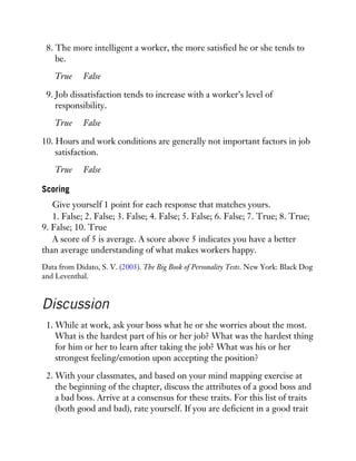 8. The more intelligent a worker, the more satisfied he or she tends to
be.
True False
9. Job dissatisfaction tends to increase with a worker’s level of
responsibility.
True False
10. Hours and work conditions are generally not important factors in job
satisfaction.
True False
Scoring
Give yourself 1 point for each response that matches yours.
1. False; 2. False; 3. False; 4. False; 5. False; 6. False; 7. True; 8. True;
9. False; 10. True
A score of 5 is average. A score above 5 indicates you have a better
than average understanding of what makes workers happy.
Data from Didato, S. V. (2003). The Big Book of Personality Tests. New York: Black Dog
and Leventhal.
Discussion
1. While at work, ask your boss what he or she worries about the most.
What is the hardest part of his or her job? What was the hardest thing
for him or her to learn after taking the job? What was his or her
strongest feeling/emotion upon accepting the position?
2. With your classmates, and based on your mind mapping exercise at
the beginning of the chapter, discuss the attributes of a good boss and
a bad boss. Arrive at a consensus for these traits. For this list of traits
(both good and bad), rate yourself. If you are deficient in a good trait
 