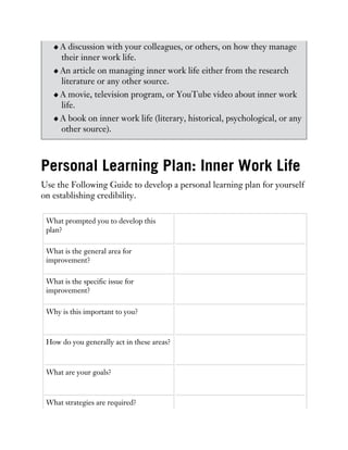A discussion with your colleagues, or others, on how they manage
their inner work life.
An article on managing inner work life either from the research
literature or any other source.
A movie, television program, or YouTube video about inner work
life.
A book on inner work life (literary, historical, psychological, or any
other source).
Personal Learning Plan: Inner Work Life
Use the Following Guide to develop a personal learning plan for yourself
on establishing credibility.
What prompted you to develop this
plan?
What is the general area for
improvement?
What is the specific issue for
improvement?
Why is this important to you?
How do you generally act in these areas?
What are your goals?
What strategies are required?
 