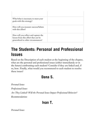 Who/what is necessary to meet your
goals with this strategy?
How will you measure success/failure
with this effort?
How will you reflect and capture the
lesson from this effort that can be
generalized to other circumstances?
The Students: Personal and Professional
Issues
Based on the Description of each student at the beginning of the chapter,
what are the personal and professional issues (either immediately or in
the future) confronting each student? Consider if they are linked and, if
so, how. Finally, what would you recommend to each student to resolve
these issues?
Dana S.
Personal Issues
Professional Issues
Are They Linked? Will the Personal Issues Impact Professional Behavior?
Recommendations
Ivan T.
Personal Issues
 