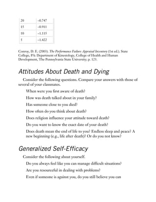 20 –0.747
15 –0.911
10 –1.115
5 –1.422
Conroy, D. E. (2003). The Performance Failure Appraisal Inventory (1st ed.). State
College, PA: Department of Kinesiology, College of Health and Human
Development, The Pennsylvania State University; p. 123.
Attitudes About Death and Dying
Consider the following questions. Compare your answers with those of
several of your classmates.
When were you first aware of death?
How was death talked about in your family?
Has someone close to you died?
How often do you think about death?
Does religion influence your attitude toward death?
Do you want to know the exact date of your death?
Does death mean the end of life to you? Endless sleep and peace? A
new beginning (e.g., life after death)? Or do you not know?
Generalized Self-Efficacy
Consider the following about yourself.
Do you always feel like you can manage difficult situations?
Are you resourceful in dealing with problems?
Even if someone is against you, do you still believe you can
 