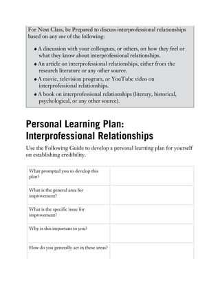 For Next Class, be Prepared to discuss interprofessional relationships
based on any one of the following:
A discussion with your colleagues, or others, on how they feel or
what they know about interprofessional relationships.
An article on interprofessional relationships, either from the
research literature or any other source.
A movie, television program, or YouTube video on
interprofessional relationships.
A book on interprofessional relationships (literary, historical,
psychological, or any other source).
Personal Learning Plan:
Interprofessional Relationships
Use the Following Guide to develop a personal learning plan for yourself
on establishing credibility.
What prompted you to develop this
plan?
What is the general area for
improvement?
What is the specific issue for
improvement?
Why is this important to you?
How do you generally act in these areas?
 