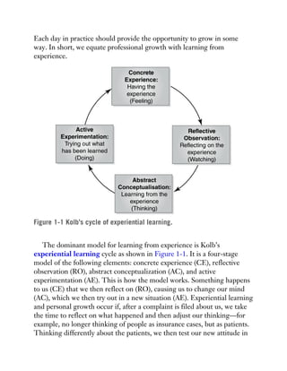 Each day in practice should provide the opportunity to grow in some
way. In short, we equate professional growth with learning from
experience.
Figure 1-1 Kolb’s cycle of experiential learning.
The dominant model for learning from experience is Kolb’s
experiential learning cycle as shown in Figure 1-1. It is a four-stage
model of the following elements: concrete experience (CE), reflective
observation (RO), abstract conceptualization (AC), and active
experimentation (AE). This is how the model works. Something happens
to us (CE) that we then reflect on (RO), causing us to change our mind
(AC), which we then try out in a new situation (AE). Experiential learning
and personal growth occur if, after a complaint is filed about us, we take
the time to reflect on what happened and then adjust our thinking—for
example, no longer thinking of people as insurance cases, but as patients.
Thinking differently about the patients, we then test our new attitude in
 