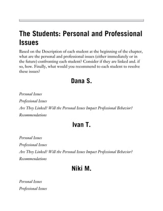 The Students: Personal and Professional
Issues
Based on the Description of each student at the beginning of the chapter,
what are the personal and professional issues (either immediately or in
the future) confronting each student? Consider if they are linked and. if
so, how. Finally, what would you recommend to each student to resolve
these issues?
Dana S.
Personal Issues
Professional Issues
Are They Linked? Will the Personal Issues Impact Professional Behavior?
Recommendations
Ivan T.
Personal Issues
Professional Issues
Are They Linked? Will the Personal Issues Impact Professional Behavior?
Recommendations
Niki M.
Personal Issues
Professional Issues
 