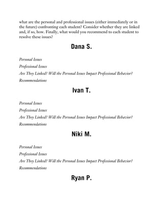what are the personal and professional issues (either immediately or in
the future) confronting each student? Consider whether they are linked
and, if so, how. Finally, what would you recommend to each student to
resolve these issues?
Dana S.
Personal Issues
Professional Issues
Are They Linked? Will the Personal Issues Impact Professional Behavior?
Recommendations
Ivan T.
Personal Issues
Professional Issues
Are They Linked? Will the Personal Issues Impact Professional Behavior?
Recommendations
Niki M.
Personal Issues
Professional Issues
Are They Linked? Will the Personal Issues Impact Professional Behavior?
Recommendations
Ryan P.
 