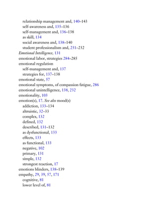 relationship management and, 140–143
self-awareness and, 135–136
self-management and, 136–138
as skill, 134
social awareness and, 138–140
student professionalism and, 231–232
Emotional Intelligence, 131
emotional labor, strategies 284–285
emotional regulation
self-management and, 137
strategies for, 137–138
emotional state, 57
emotional symptoms, of compassion fatigue, 286
emotional unintelligence, 138, 232
emotionality, 103
emotion(s), 17. See also mood(s)
addiction, 133–134
altruistic, 32–33
complex, 132
defined, 132
described, 131–132
as dysfunctional, 133
effects, 133
as functional, 133
negative, 102
primary, 131
simple, 132
strongest reaction, 17
emotions blinders, 138–139
empathy, 29, 39, 57, 171
cognitive, 81
lower level of, 81
 