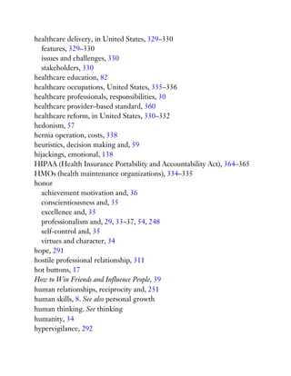 healthcare delivery, in United States, 329–330
features, 329–330
issues and challenges, 330
stakeholders, 330
healthcare education, 82
healthcare occupations, United States, 335–336
healthcare professionals, responsibilities, 30
healthcare provider–based standard, 360
healthcare reform, in United States, 330–332
hedonism, 57
hernia operation, costs, 338
heuristics, decision making and, 59
hijackings, emotional, 138
HIPAA (Health Insurance Portability and Accountability Act), 364–365
HMOs (health maintenance organizations), 334–335
honor
achievement motivation and, 36
conscientiousness and, 35
excellence and, 35
professionalism and, 29, 33–37, 54, 248
self-control and, 35
virtues and character, 34
hope, 291
hostile professional relationship, 311
hot buttons, 17
How to Win Friends and Influence People, 39
human relationships, reciprocity and, 251
human skills, 8. See also personal growth
human thinking. See thinking
humanity, 34
hypervigilance, 292
 