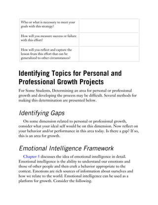 Who or what is necessary to meet your
goals with this strategy?
How will you measure success or failure
with this effort?
How will you reflect and capture the
lesson from this effort that can be
generalized to other circumstances?
Identifying Topics for Personal and
Professional Growth Projects
For Some Students, Determining an area for personal or professional
growth and developing the process may be difficult. Several methods for
making this determination are presented below.
Identifying Gaps
On some dimension related to personal or professional growth,
consider what your ideal self would be on this dimension. Now reflect on
your behavior and/or performance in this area today. Is there a gap? If so,
this is an area for growth.
Emotional Intelligence Framework
Chapter 5 discusses the idea of emotional intelligence in detail.
Emotional intelligence is the ability to understand our emotions and
those of other people and then craft a behavior appropriate to the
context. Emotions are rich sources of information about ourselves and
how we relate to the world. Emotional intelligence can be used as a
platform for growth. Consider the following.
 