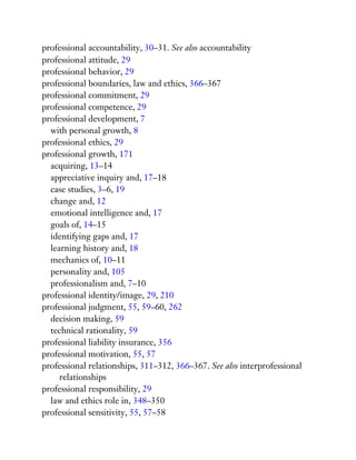 professional accountability, 30–31. See also accountability
professional attitude, 29
professional behavior, 29
professional boundaries, law and ethics, 366–367
professional commitment, 29
professional competence, 29
professional development, 7
with personal growth, 8
professional ethics, 29
professional growth, 171
acquiring, 13–14
appreciative inquiry and, 17–18
case studies, 3–6, 19
change and, 12
emotional intelligence and, 17
goals of, 14–15
identifying gaps and, 17
learning history and, 18
mechanics of, 10–11
personality and, 105
professionalism and, 7–10
professional identity/image, 29, 210
professional judgment, 55, 59–60, 262
decision making, 59
technical rationality, 59
professional liability insurance, 356
professional motivation, 55, 57
professional relationships, 311–312, 366–367. See also interprofessional
relationships
professional responsibility, 29
law and ethics role in, 348–350
professional sensitivity, 55, 57–58
 